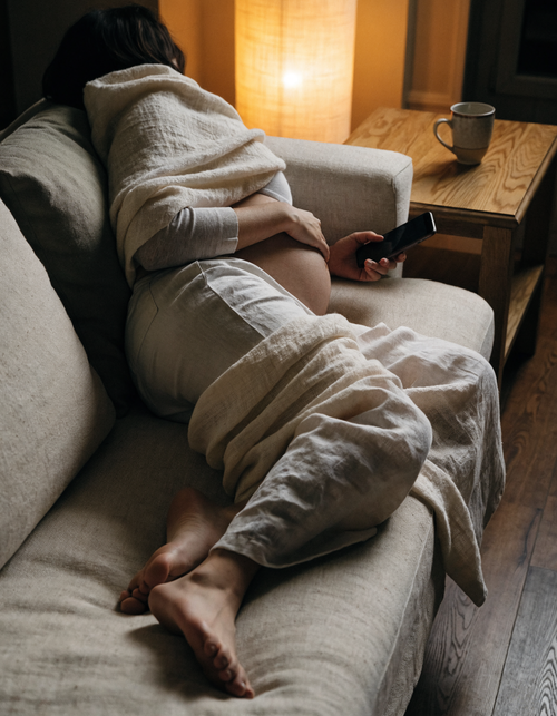 A woman resting on a linen sofa in evening lamplight, phone loosely in hand
