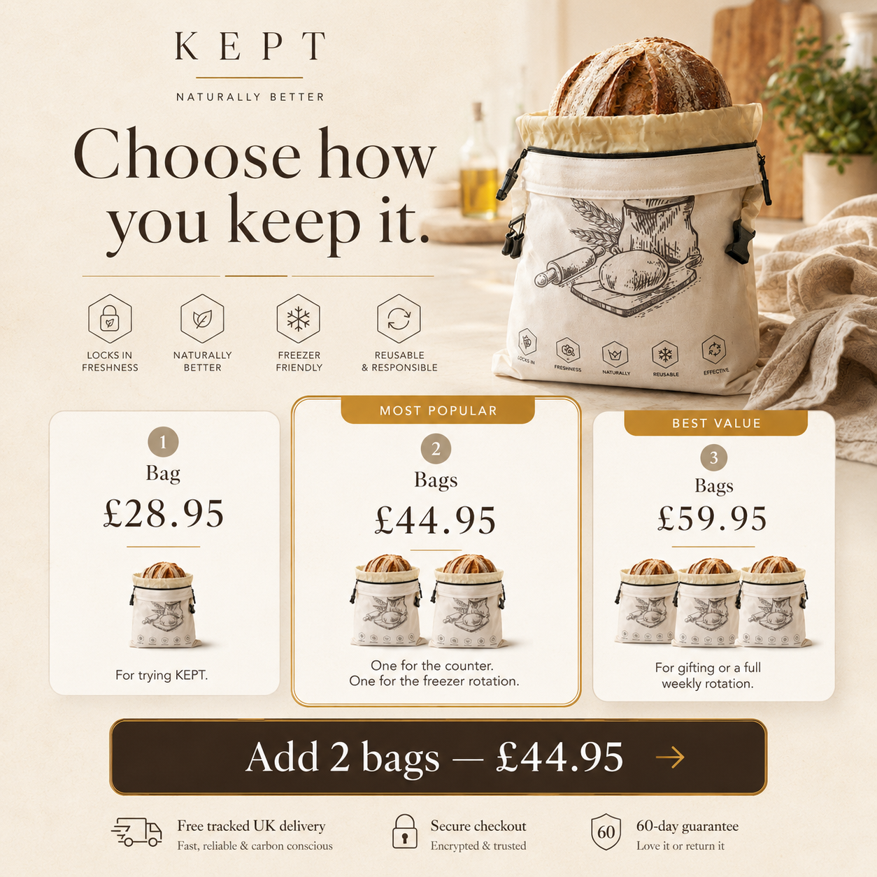 KEPT beeswax sourdough bread bag - 3 pack bundle