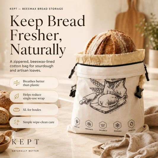 KEPT zippered beeswax-lined cotton bread bag with a sourdough boule — Keep Bread Fresher, Naturally