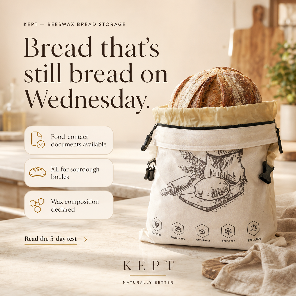 KEPT beeswax-lined cotton bread bag beside a fresh artisan sourdough loaf