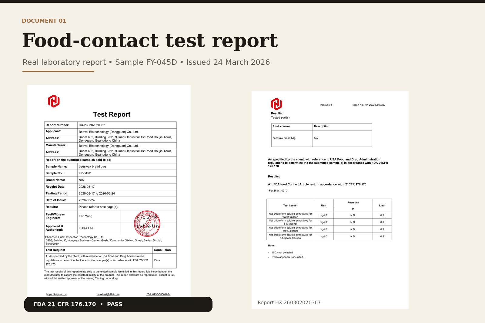 Food-contact test report for sample FY-045D — FDA 21 CFR 176.170 pass