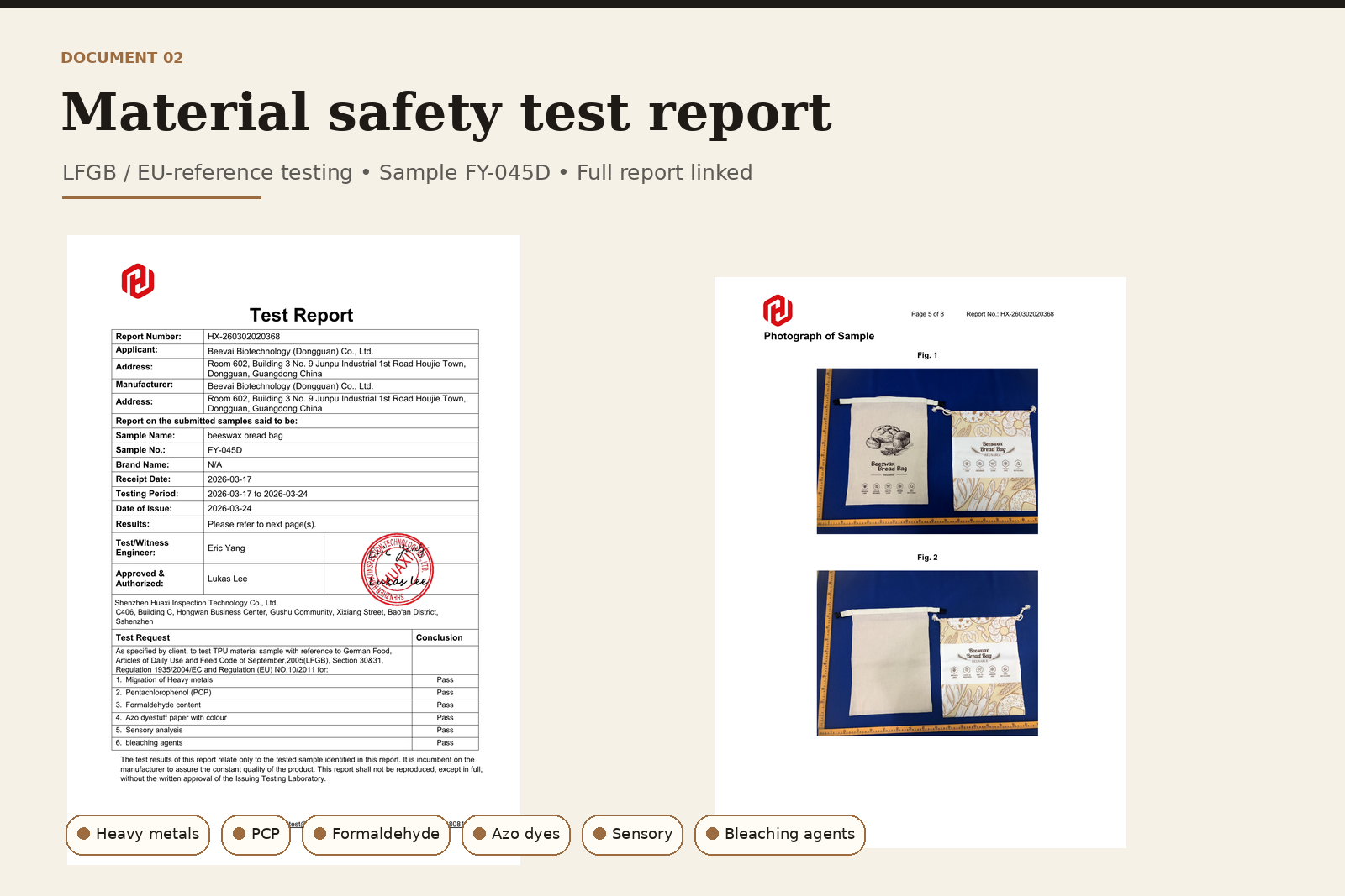 Material safety test report — heavy metals, PCP, formaldehyde, azo dyes, sensory and bleaching agents all pass