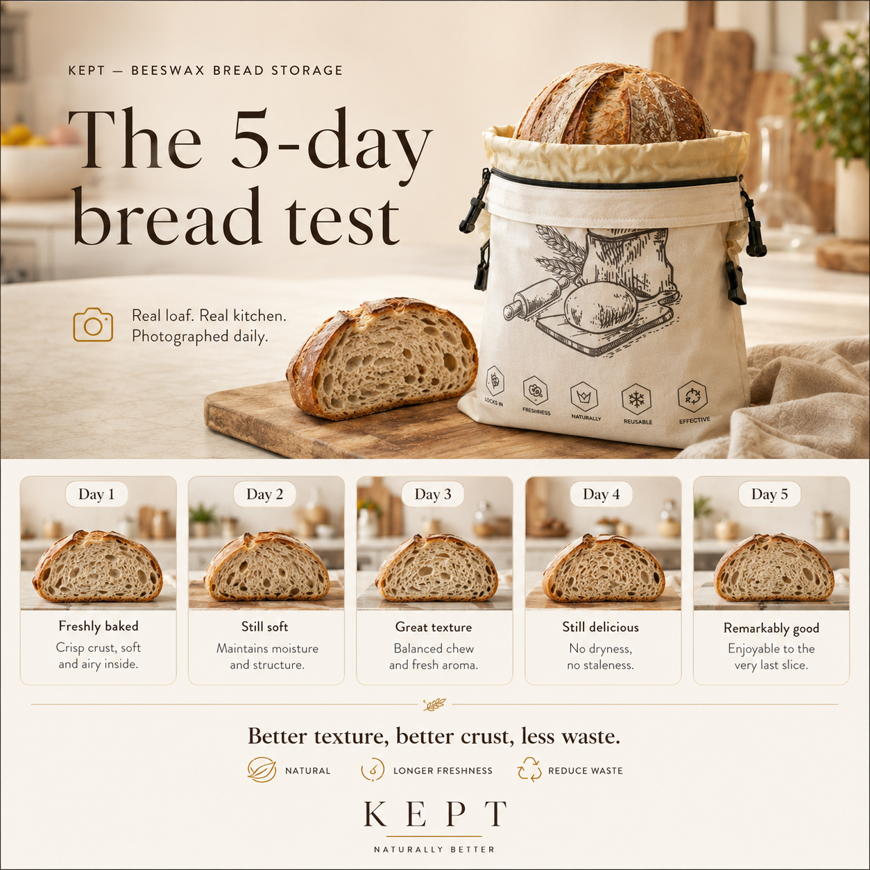 The 5-day storage story — an illustrated look at how a loaf may change through the week