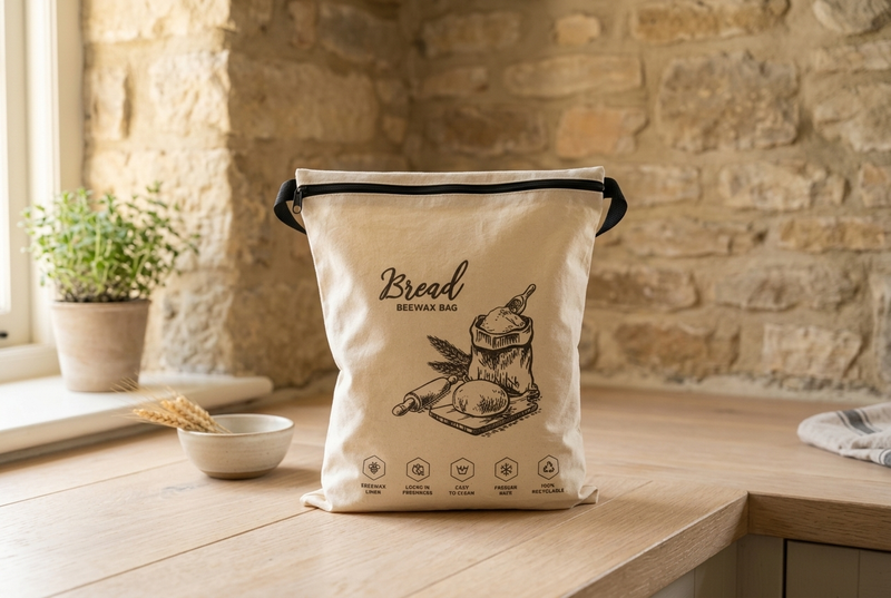 KEPT bread bag zipped closed on a kitchen counter against a stone wall