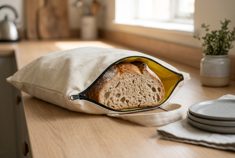 Sourdough loaf resting inside the open KEPT bread bag, yellow lining visible