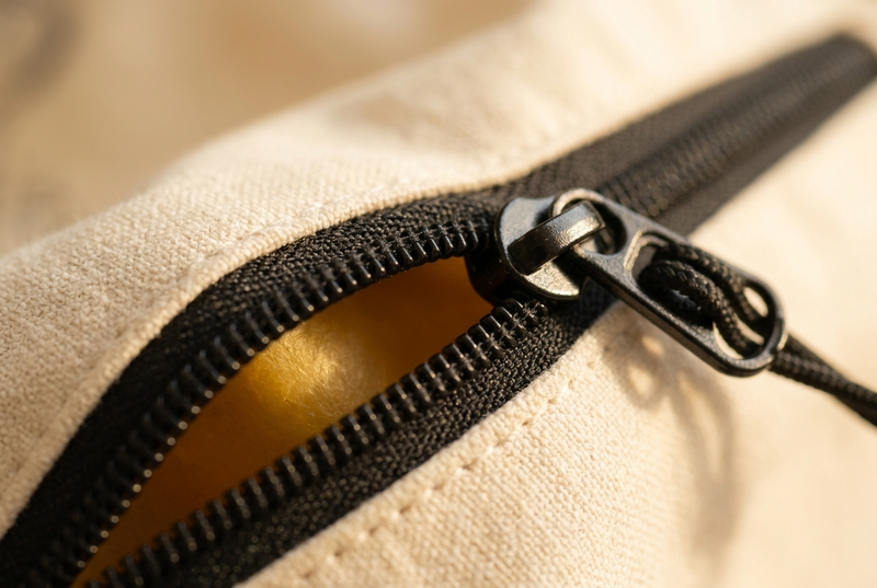 Macro close-up of the KEPT bag's black zipper opening over the warm yellow inner lining